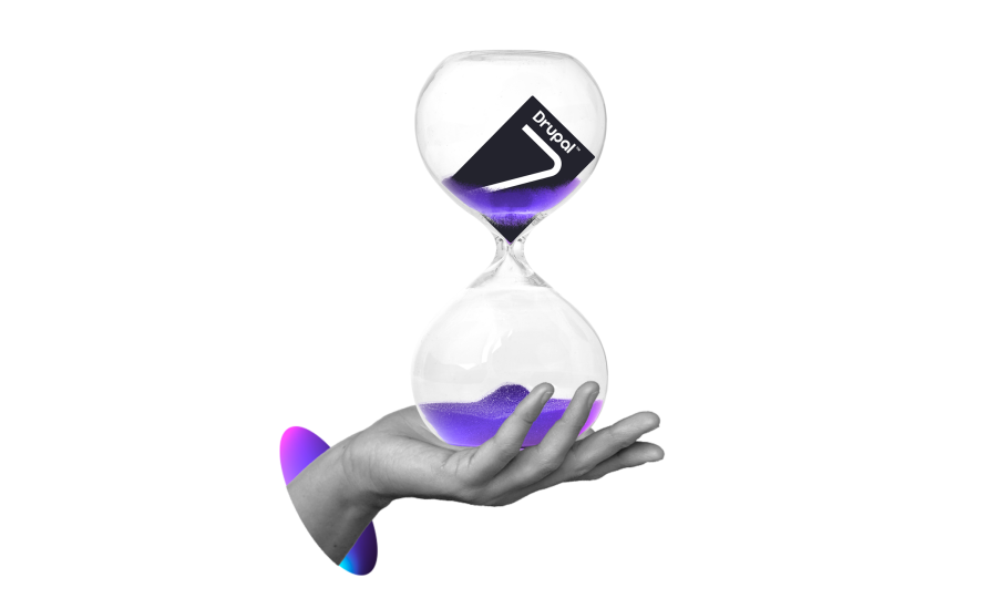 A collage featuring a hand with an hourglass and the Drupal 7 logo slipping through.