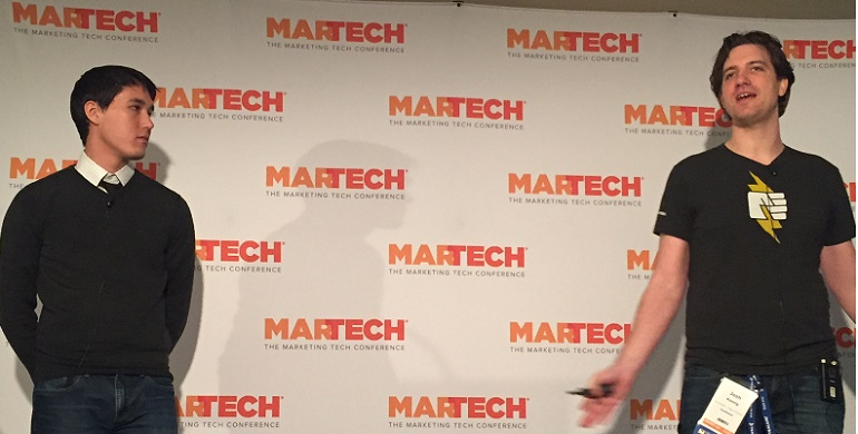 A photograph featuring Pantheon's Josh Koenig and then Tableau’s Marketing Systems Lead Eric Peterson at a Martech conference.