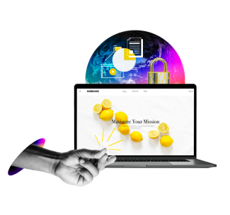 Three-layered image with a globe in the far background with graphics overlayed, further overlayed by a laptop with a sample website on the screen. The foreground shows an image of a hand snapping.