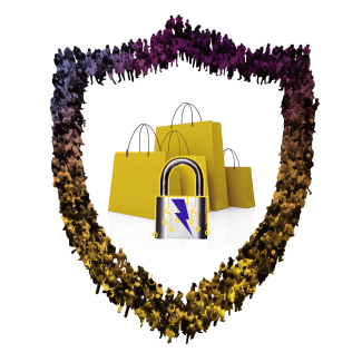 Shield with shopping bags and security lock